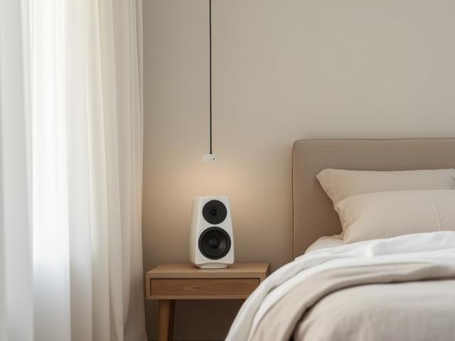 Sleek design speaker placed on a bedside table in a serene bedroom, blending seamlessly with the contemporary aesthetic.