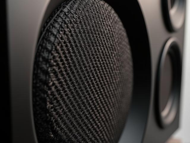 Detailed view of the fabric grille and material texture of a design speaker, showcasing the quality of craftsmanship.