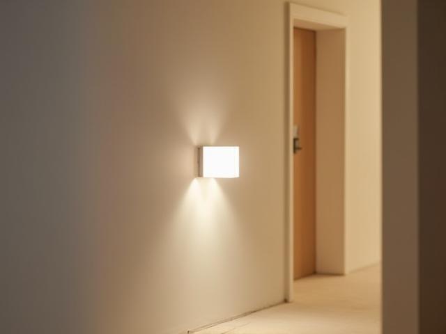 A minimalist smart light fixture mounted on a hallway wall, providing soft, ambient illumination.