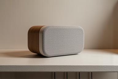 Sleek wireless speaker on a shelf